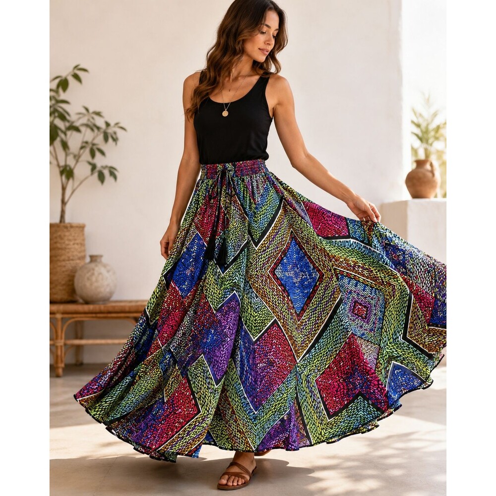Colorful Full Circle Maxi Skirt Geometric Mosaic Tassels Boho Truth NYC S